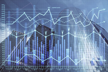 Forex chart on cityscape with skyscrapers wallpaper multi exposure. Financial research concept.