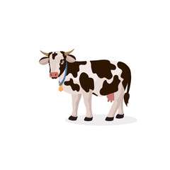 Illustration of a cute cow with a bell. Vector isolated farm animal in cartoon style for your design. Illustration for cards, banner.