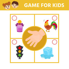Educational worksheet for kids. Game for Kids to Compare and Connect Objects and Shadows. The picture of senses and objects - touch, taste, hearing, sight, smell