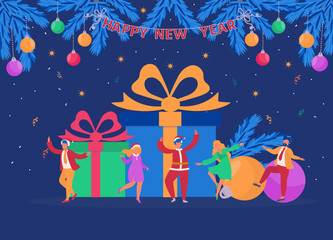 New Year celebrating. Small people are preparing for holiday. Modern Cartoon Flat Design Concept for website, Mobile app page, Landing Page. Vector illustration