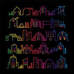 vector background with buildings and houses. thin line art of architecture. flat design element of city scape with colour on black backgrounds.