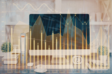 Forex graph hologram on table with computer background. Double exposure. Concept of financial markets.