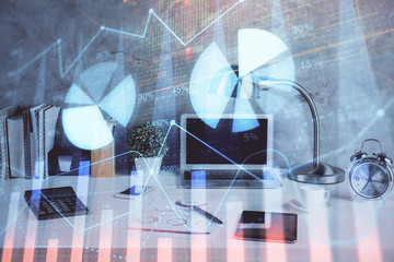 Multi exposure of forex graph and work space with computer. Concept of international online trading.