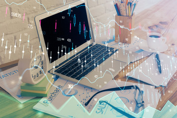 Multi exposure of forex chart and work space with computer. Concept of international online trading.