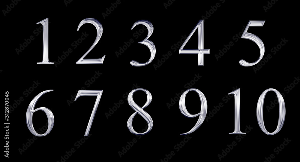 Wall mural set of reflective chrome numbers isolated on black background