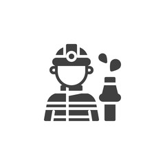 Fireman with a fire hose vector icon. filled flat sign for mobile concept and web design. Firefighter worker profession avatar glyph icon. Symbol, logo illustration. Vector graphics