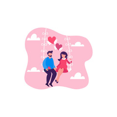 Couple  man and woman flying high on a  swing. Romantic relationship. Concept on Valentine Day theme. Vector Illustration for card, web page, banner