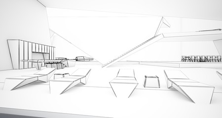 Abstract drawing architectural white interior of a minimalist house with swimming pool and large window. 3D illustration and rendering.