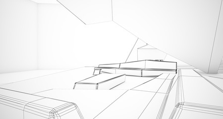 Abstract drawing architectural white interior of a minimalist house with swimming pool and large window. 3D illustration and rendering.