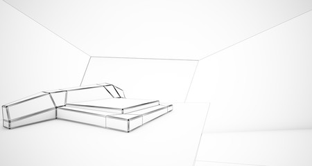 Abstract drawing architectural white interior of a minimalist house with swimming pool and large window. 3D illustration and rendering.