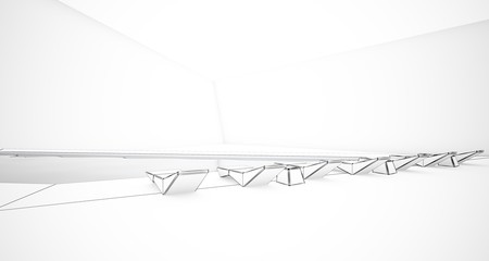 Abstract drawing architectural white interior of a minimalist house with swimming pool and large window. 3D illustration and rendering.