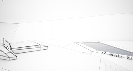 Abstract drawing architectural white interior of a minimalist house with swimming pool and large window. 3D illustration and rendering.