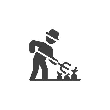 Gardener, farmer with pitchfork vector icon. filled flat sign for mobile concept and web design. Farmer man working with pitchfork glyph icon. Symbol, logo illustration. Vector graphics