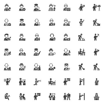 People occupation characters vector icons set, People professions modern solid symbol collection, filled style pictogram pack. Signs, logo illustration. Set includes icons as different workers people