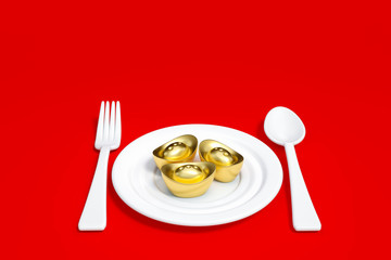 Old golden money ingots in dish on red background 3d rendering. 3d illustration greeting for Happiness, Prosperity & Longevity. Chinese new year festival concept.