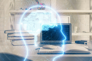 Double exposure of work table with computer and brain sketch hologram. Brainstorming concept.