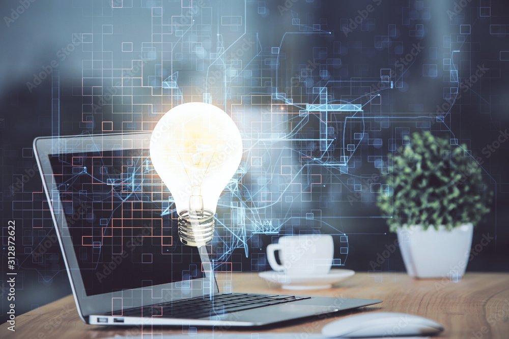 Aufkleber Computer on desktop in office with bulb icon hologram. Multi exposure. Concept of idea.