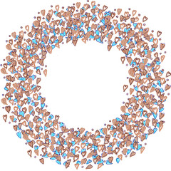 wreath of blue and brown hearts on a white background with copy space