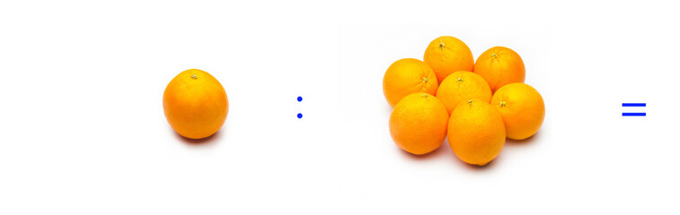 operación simple de división matemática entre naranjas; cálculo matemático