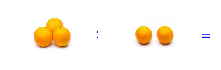 operación simple de división matemática entre naranjas; cálculo matemático
