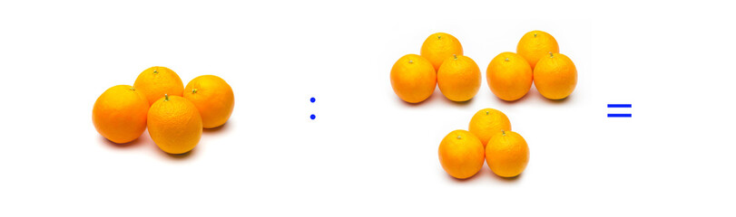 operación simple de división matemática entre naranjas; cálculo matemático