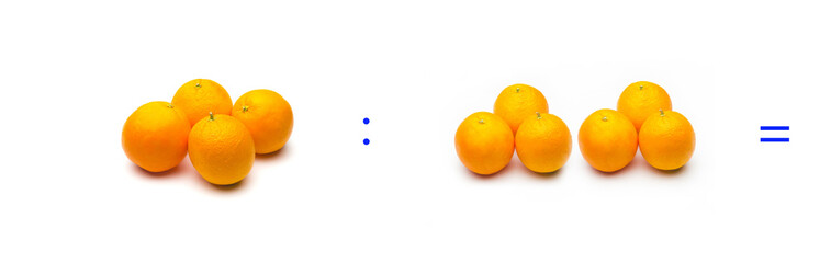 operación simple de división matemática entre naranjas; cálculo matemático