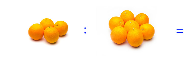 operación simple de división matemática entre naranjas; cálculo matemático