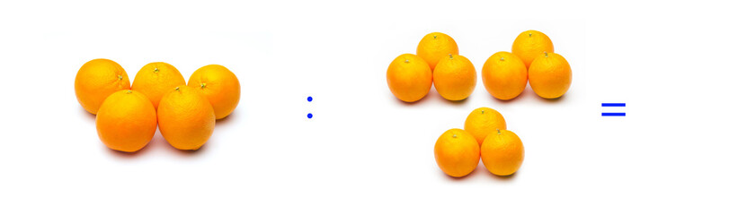 operación simple de división matemática entre naranjas; cálculo matemático