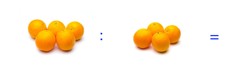 División sencilla entre naranjas, cálculo matemático de división.