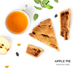 Creative layout made of apple pie and tea on the white background. Flat lay. Food concept. Macro...