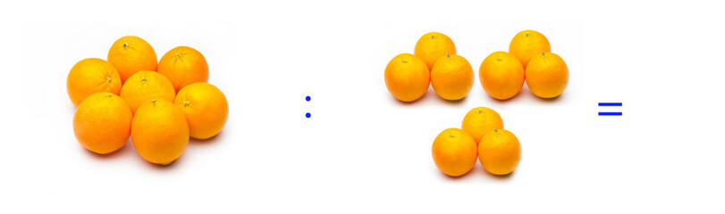 División sencilla entre naranjas, cálculo matemático de división.