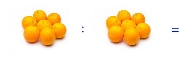 División sencilla entre naranjas, cálculo matemático de división.