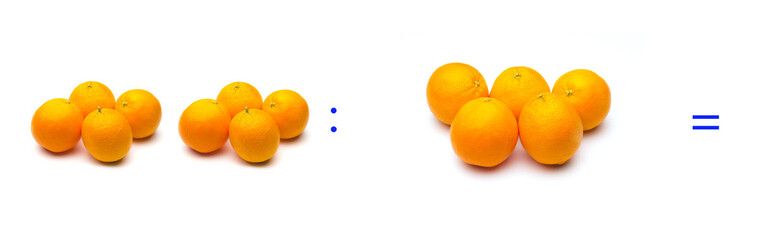 División sencilla entre naranjas, cálculo matemático de división.