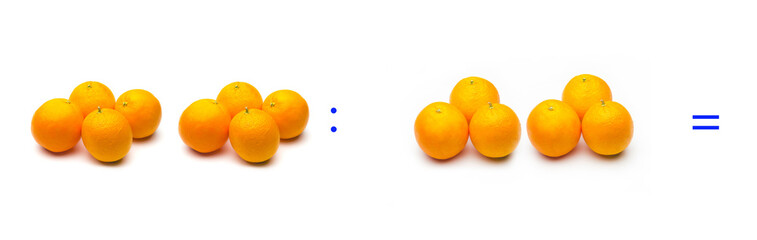 División sencilla entre naranjas, cálculo matemático de división.