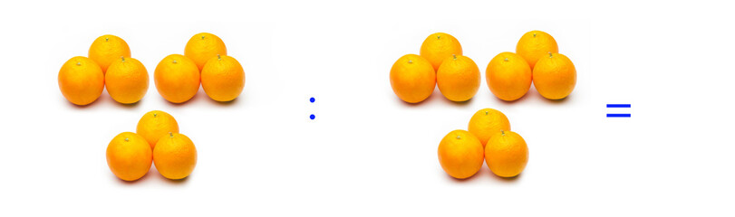 División sencilla entre naranjas, cálculo matemático de división.