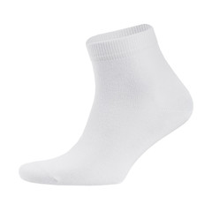 Blank white cotton medium sock on invisible  foot isolated on white background as mock up for advertising, branding, design, side view, template.