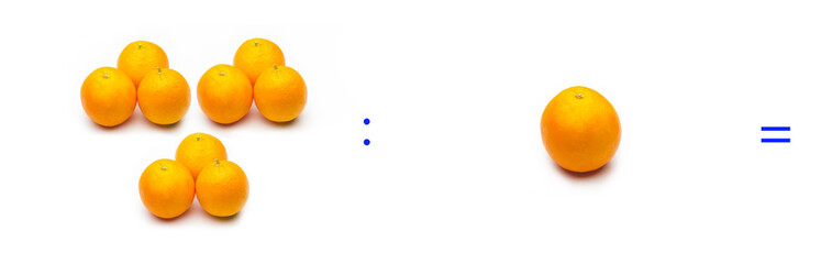 División sencilla entre naranjas, cálculo matemático de división.
