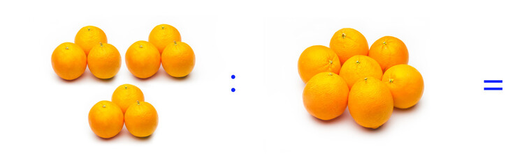 División sencilla entre naranjas, cálculo matemático de división.