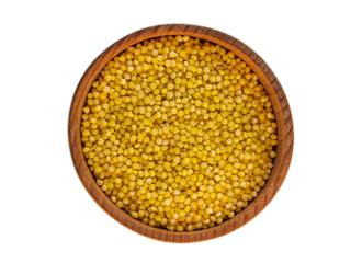 Yellow millet in a wooden Cup on a white background
