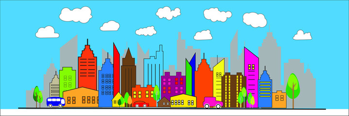 Colorful Thin line style city panorama of urban landscape street with cars  skyline city office buildings  on light background. Outline cityscape. Wide horizontal panorama. Vector illustration EPS 10.