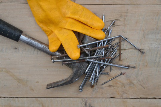 old construction of a house and repair tools on wooden background