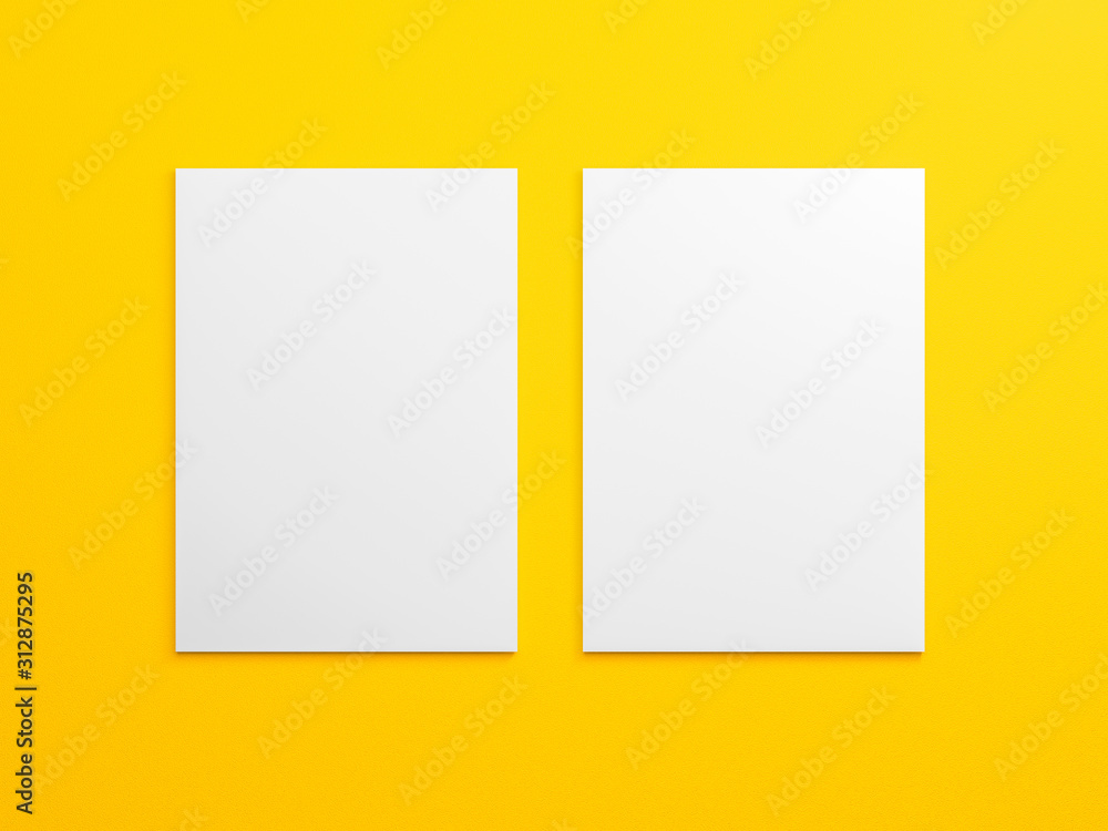 Poster blank a4 brouchure mock up on bright yellow background texture. empty realistic white two vertical p