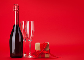 Valentines day gift box and champagne
