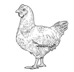 Drawing of hen. Sketch of adult female chicken, black and white illustration