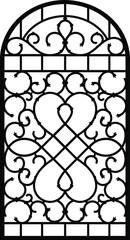 Forged fence. Gothic door, vector design. Decorative garden gate. Metal pattern or iron wicket for garden, castel. Rich ornament. Scroll-work