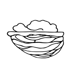 cracked half of a walnut in a shell, element of decorative ornament or pattern, vector illustration with black contour lines isolated on white background in doodle and hand drawn style