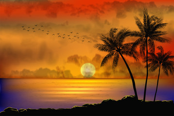 A Tropical Sunset with Palm Trees