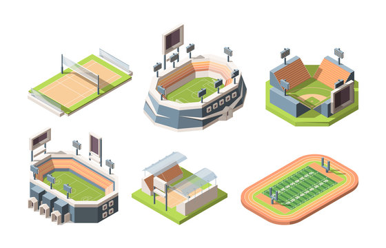 Sports fields, stadiums vector isometric illustrations set