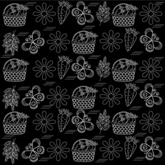 Carrot in a basket, carrot leaves and other decorative elements, seamless pattern, white outline black background, vector