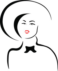 girl with long hair, hand drawn , hat , vector fashion, beauty  isolated illustration on white background . 